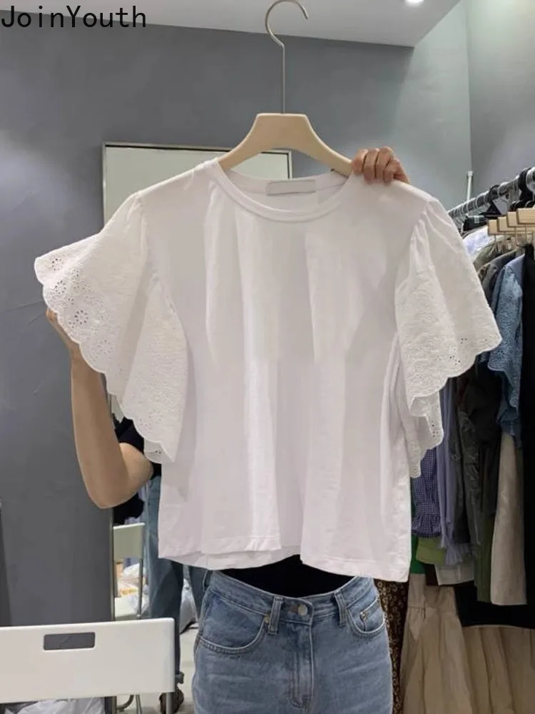 Shirts for Women Fashion Korean T Shirts Patchwork Lace Flying Sleeve Tees 2024 Ropa Mujer Y2k Tops Casual Summer Crop Tshirt