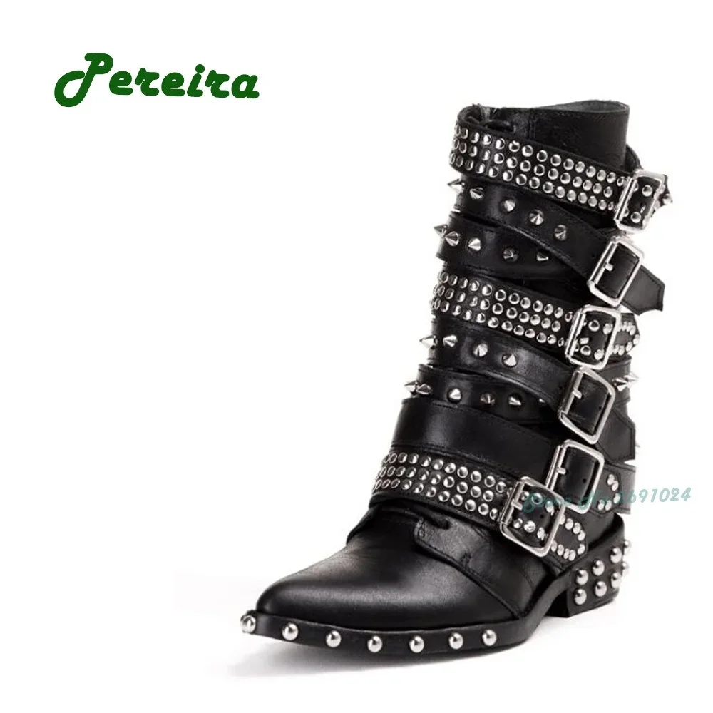 Stivaletti gladiatore con rivetti dorati stivaletti da donna con fibbia a punta con tacco a punta inverno 2023 nuove scarpe da pista solide con
