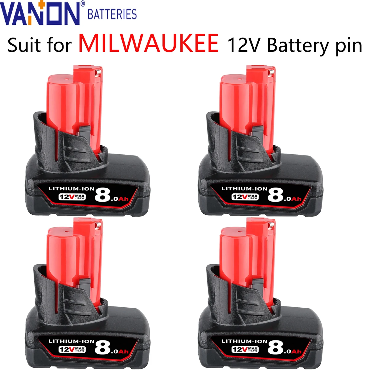 

VANON 1/2/4Pack M12 8.0Ah 12V Lithium Battery Replace for Milwaukee 48-11-0490 48-11-2402 48-11-2411 48-11-2430 Tool Battery pin