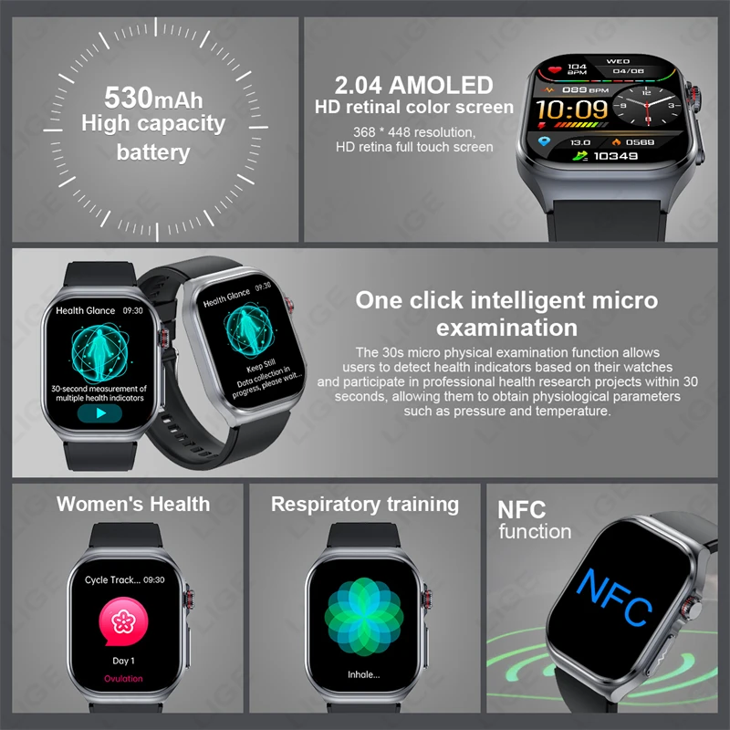 LIGE Health Smartwatch NFC AI Medical Diagnosis Blood Lipids Uric Acid Blood Pressure Smart Watch Men ECG+PPG Bluetooth Call