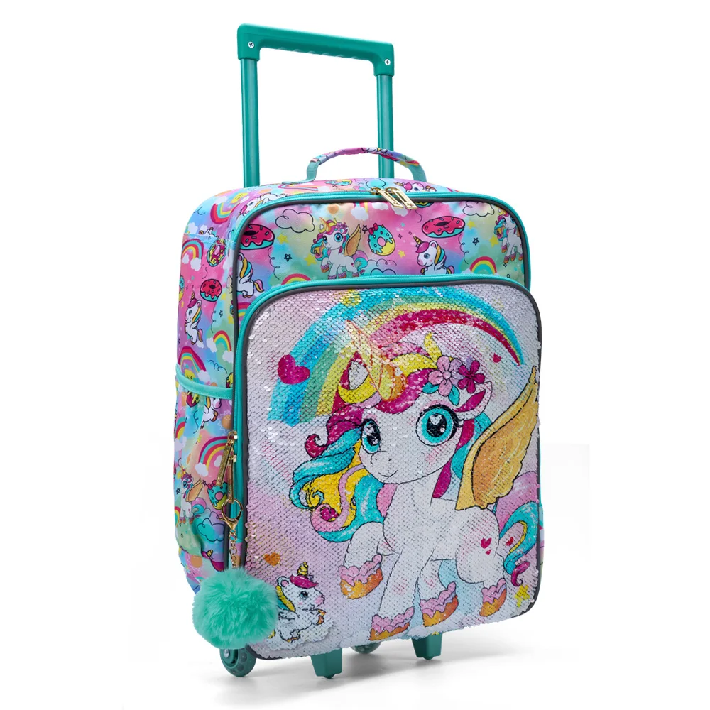 Rolling Wheels Suitcase, Cute Cartoon Auspicious Unicorn Sequin Design Children Travel Carry on Suitcase,18 inch , Green