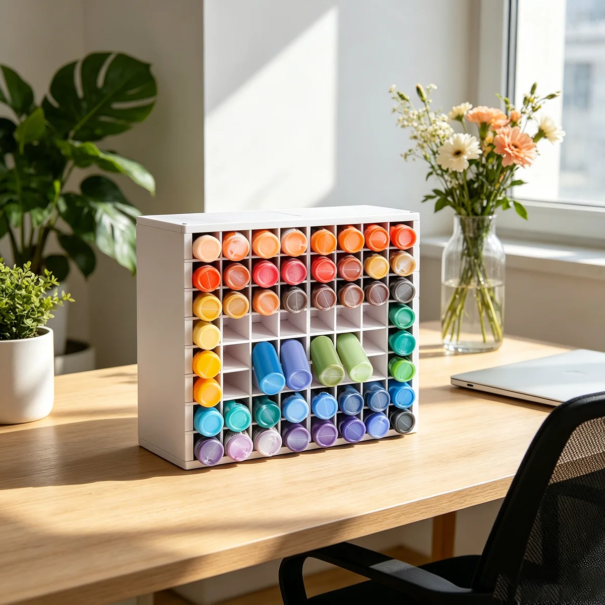 

64 Slots Paint Rack, White Stackable Paint Bottle Organizer for 2oz Acrylic Paint, Art Studio Desk Storage Holder