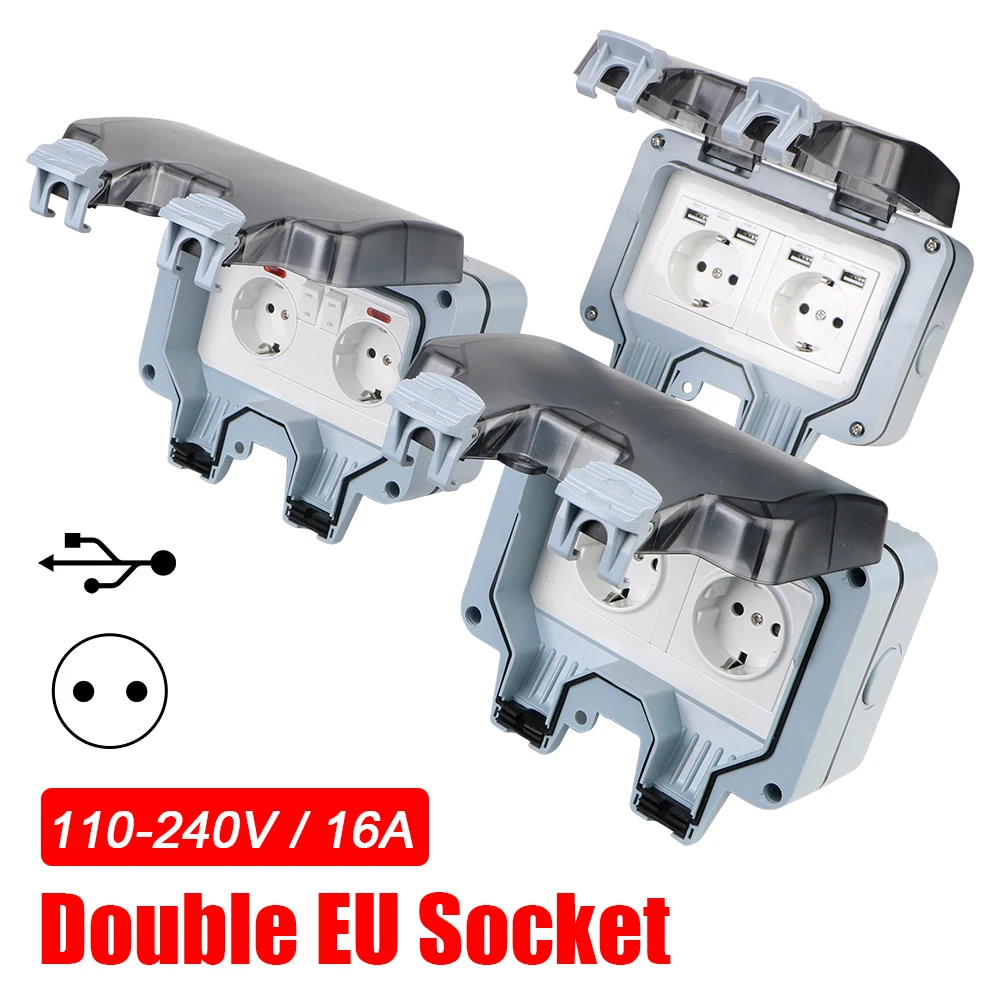 IP66 Weatherproof Outdoor Wall Power Socket 16A Double EU Socket Power Supply Switch Socket AC 110~240V for Home& Garden