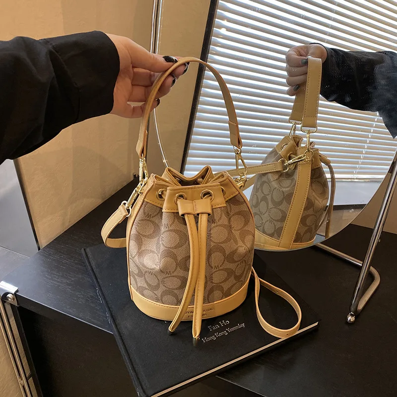 

2025 Retro Print Bucket Bag - Vintage Drawstring Shoulder Bag for Women, Fashion Crossbody & Handbag