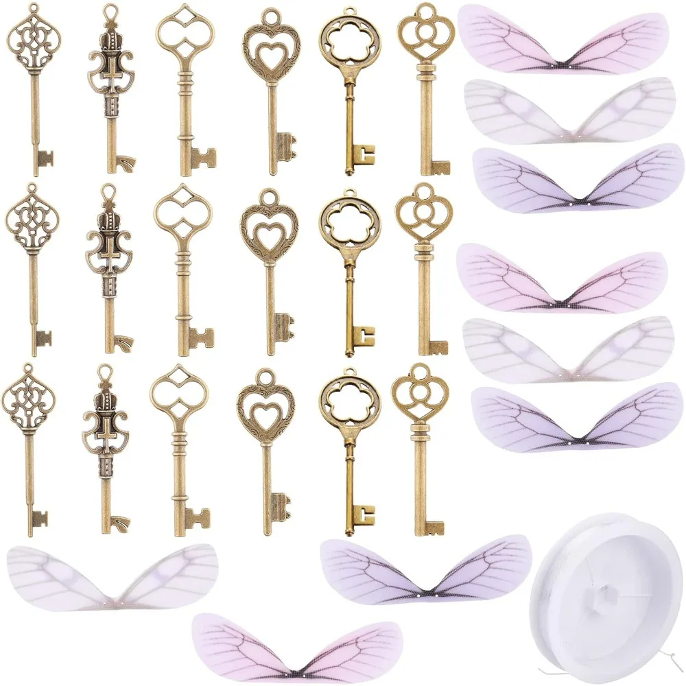 61Pcs Flying Keys Charms Vintage Keys with Dragonfly Wings Charm Keys Wings Decor 11 Yards Elastic Crystal String for DIY Art