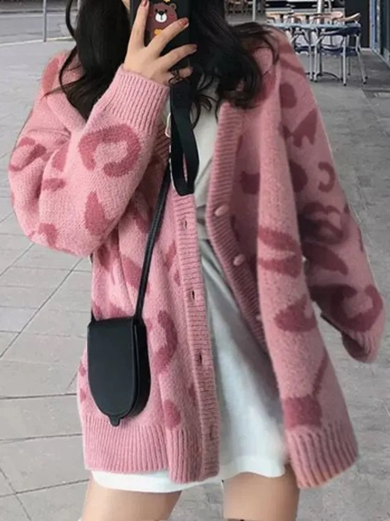 Women Casual Sweaters Korean Fashion Spring Pink Leopard V-Neck Long Sleeve Cardigans Loose Coat Pull Vetement Femme Sueters