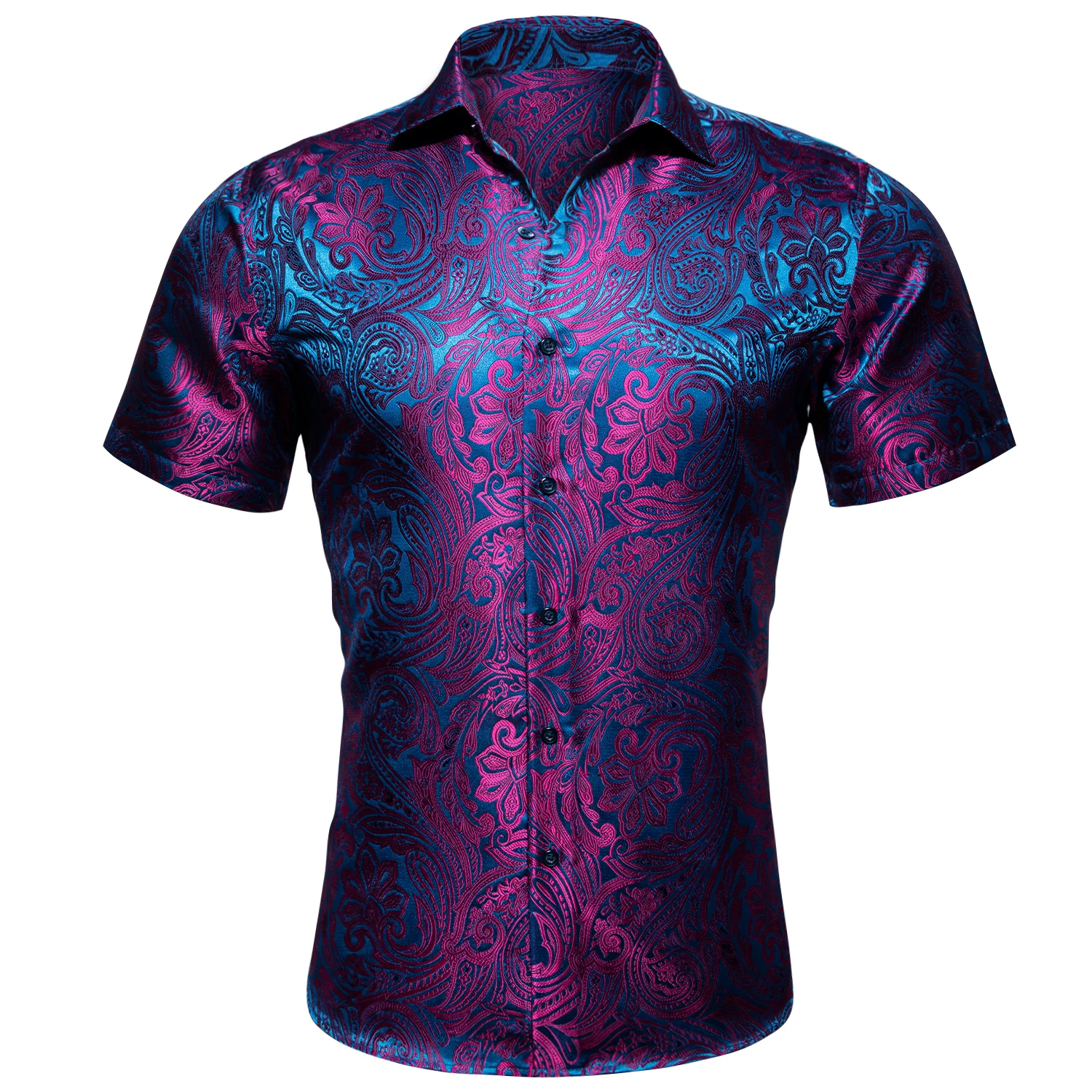 Barry.Wang Luxury Purple Floral Mens Summer Fashion Silk Casual Shirt Stylish Lapel Pattern Short Sleeve Shirt Male Blouse Fit