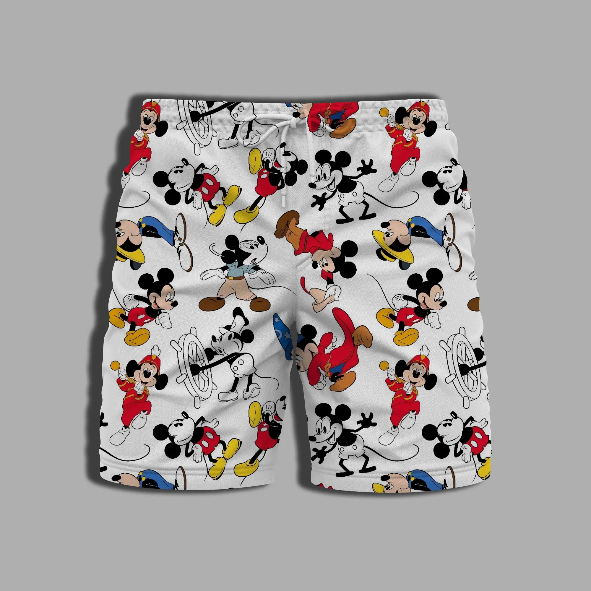 Fato de banho masculino Disney, shorts de praia de ginástica, maiô masculino, calça Mickey, Minnie Mouse, impressão inteira, verão