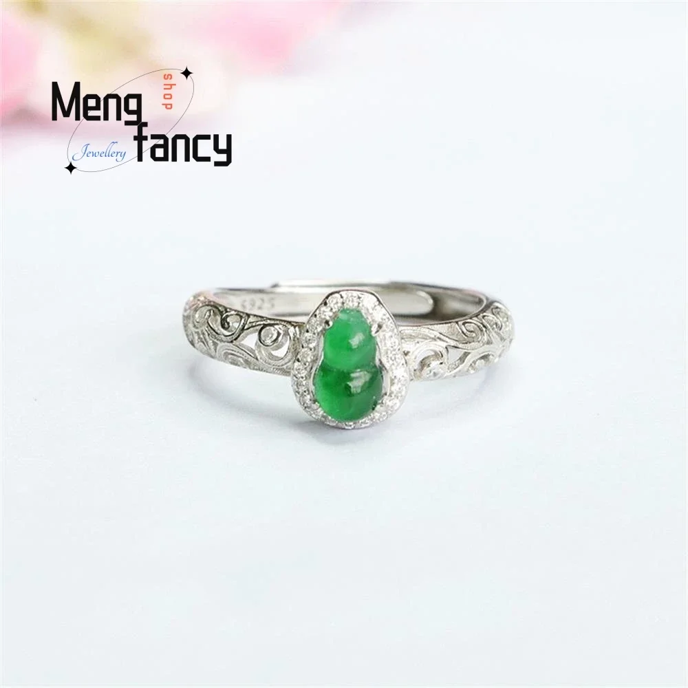 

S925 Silver Inlaid Natural Jadeite Gourd Ring in Ice Type Imperial Green Finger Exquisite Elegant High-grade Ring Luxury Jewelry