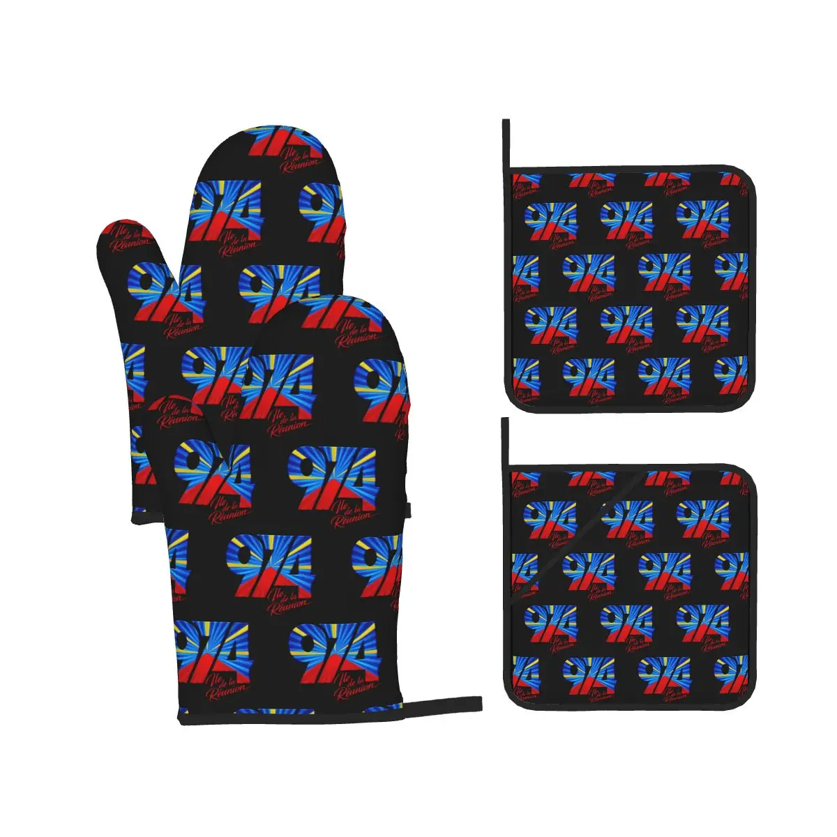 974 Reunion Island Flag Oven Mitts and Pot Holder Sets of 4 for Baking Kitchen Cooking Grilling Resistant Non-Slip Gloves