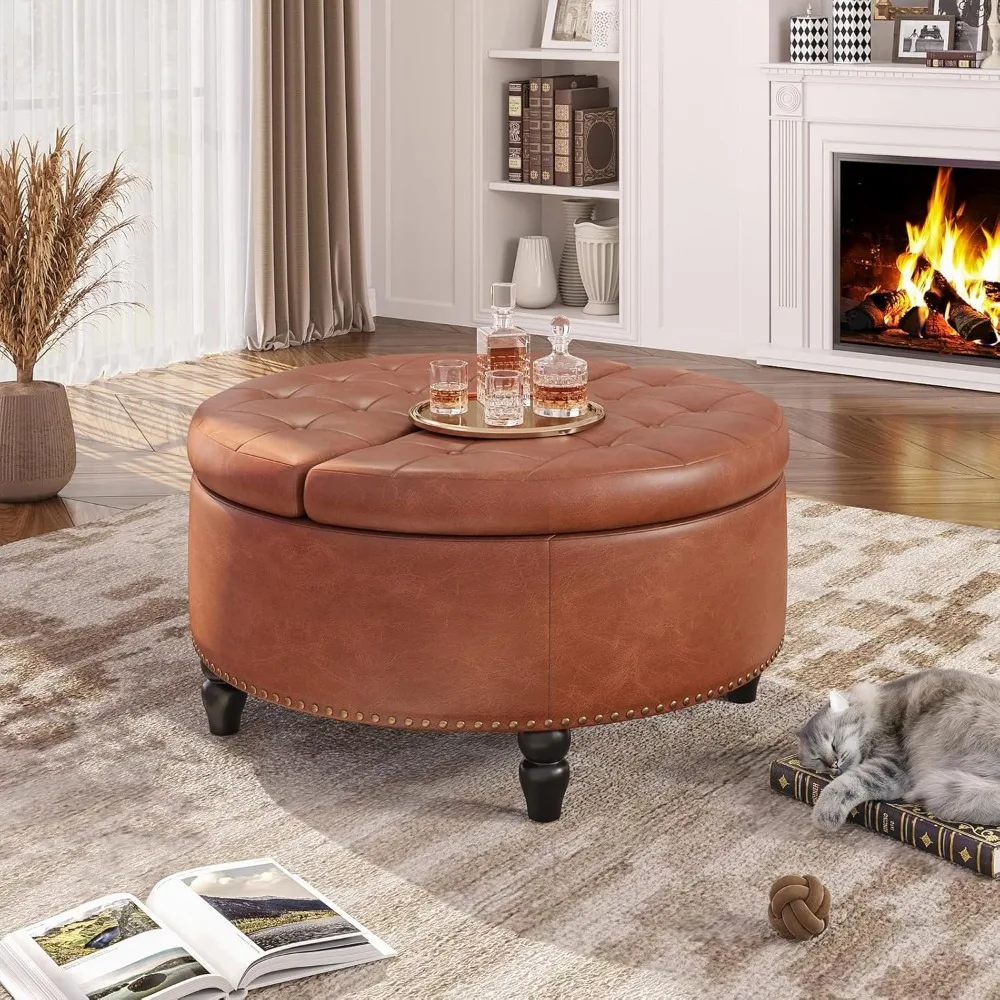 30 Inch Round Storage Ottoman,Modern Button Tufted Coffee Table with Lift Top,Large Round Ottoman Upholstered Footrest Stool Toy