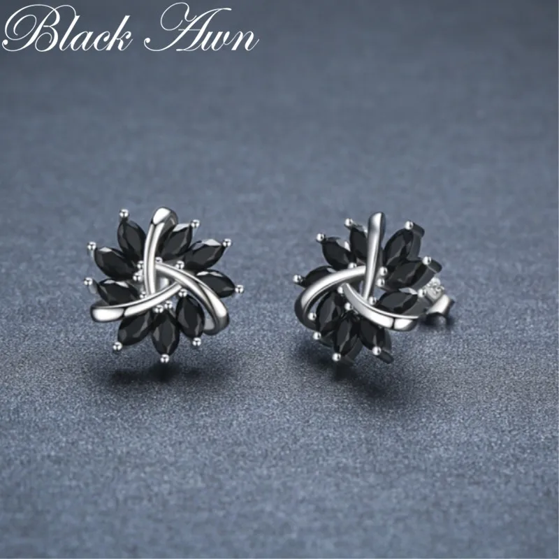 Black Awn Stud Earrings for Women Classic Silver Color Trendy Spinel Engagement Fashion Jewelry I252