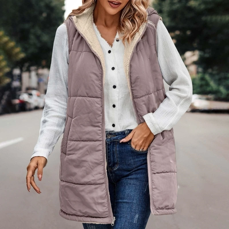 Women's Reversible Fleece Vest Sleeveless Hooded Zip Up Puffer Coat with Pockets
