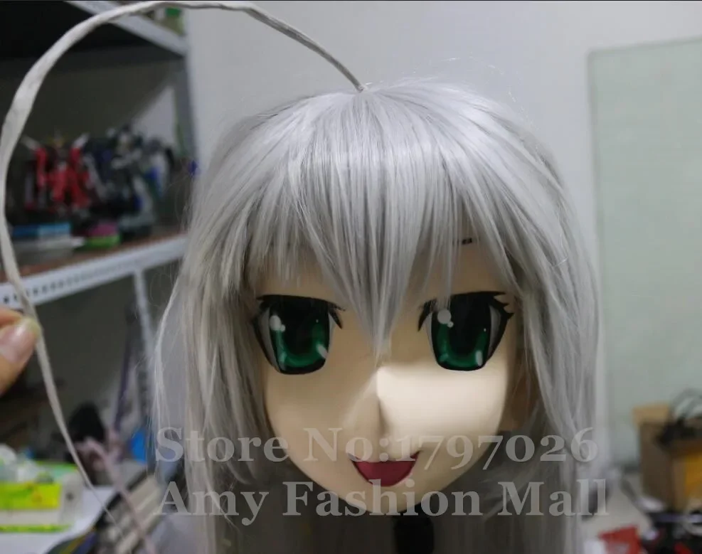 100% Handmade Silicone Full Head Kigurumi Masks Cosplay Lovely Silver Hair Crossdresser Kigurumi Mask with Wig Can Customized