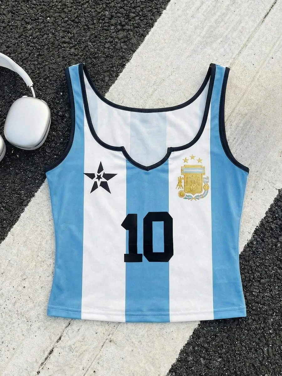 Women Notch Neck Sleeveless Cropped Tank Slim Camisole Football Print Y2K Streetwear Casual Sport Daily Outfit For Young Girls