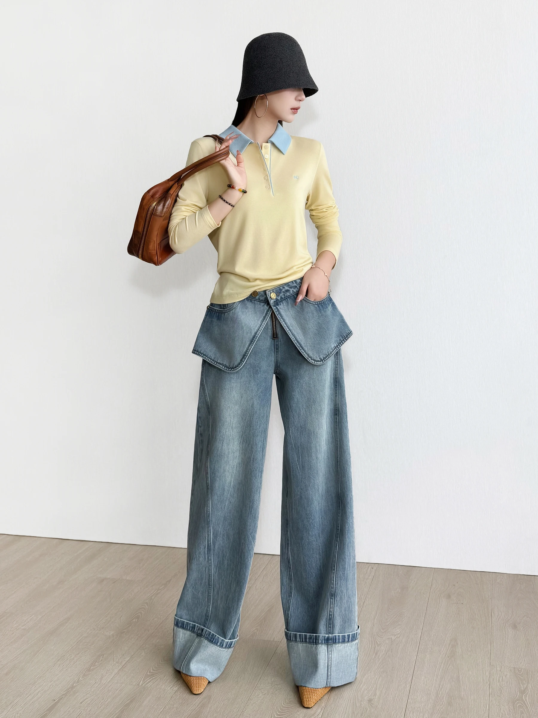 

NancyCavally Distred Texture Denim Y2K Retro Hot Girl Sle Wide Leg High Waist Zipper Closure Casual Cotton Jeans
