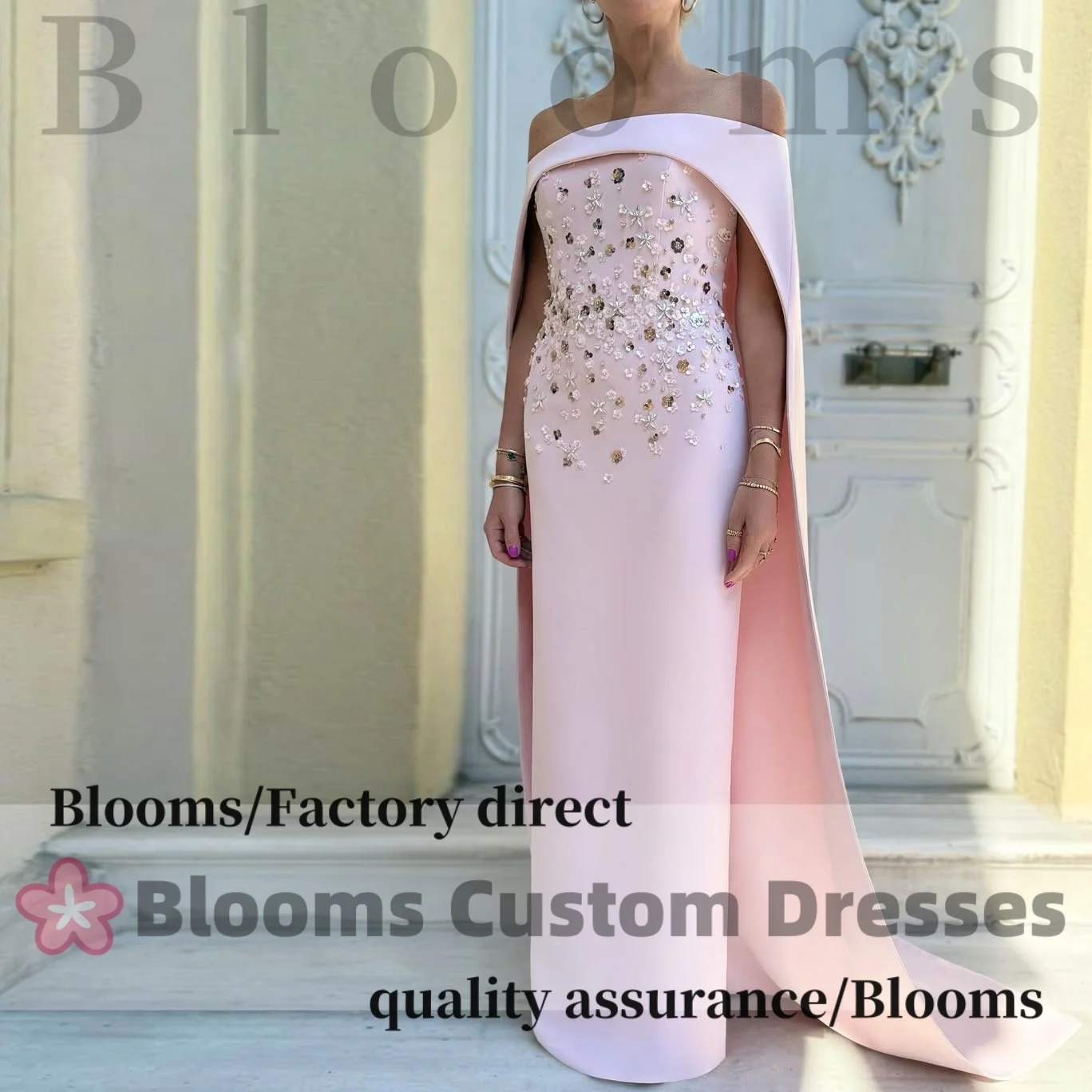 

Customized Off Shoulder Pink Luxury Evening Dresses 2025 Beaded Floral Sequined Wedding Elegant Party Dress Cloak Prom Gown