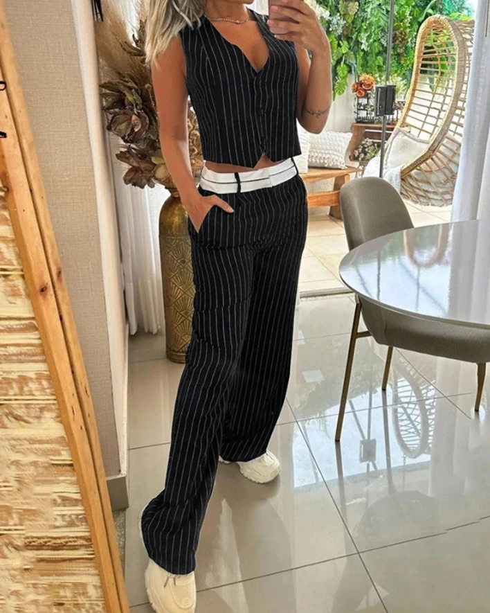 Women's Summer Hot Summer Commuting Casual Button Striped Ribbed Vest Top and Pocket Loose Wide Leg Pants Design Long Pants Set