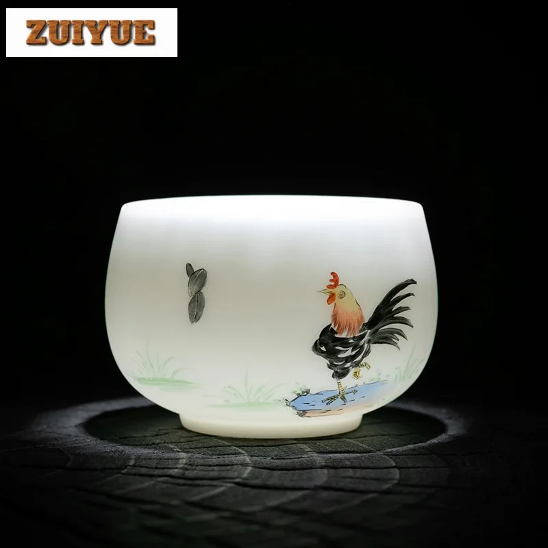 

160ml High End Ice Jade White Porcelain Tea Cup Hand-painted Chook Master Cup Personal Tea Bowl Tasting Chazhan Kung Fu Teaset