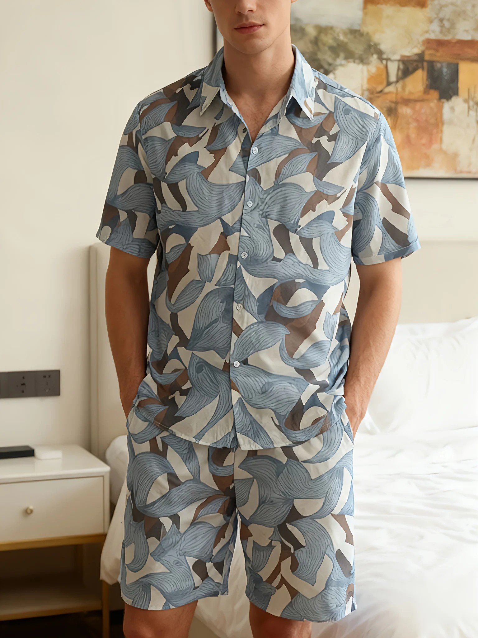 

Мужские пижамы, летняя рубашка с короткими рукавами, шорты с карманами, комплект домашней одежды, крутой дышащий повседневный пижамный комплект с принтом листьев