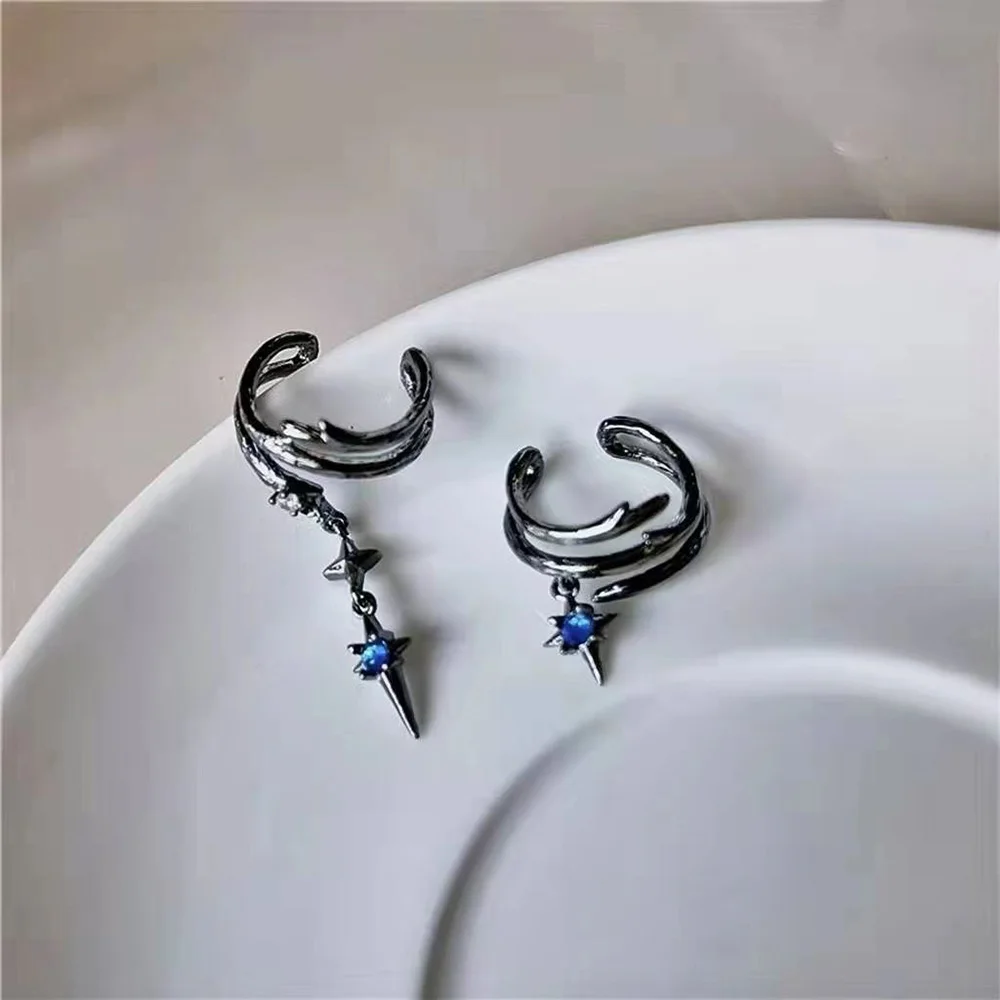 Fake Piercing Asymmetry Ear Cuff For Women Retro Punk Goth Black Gold Color Blue Zircon Hanging Earbone Clip Earrings  EF186-1