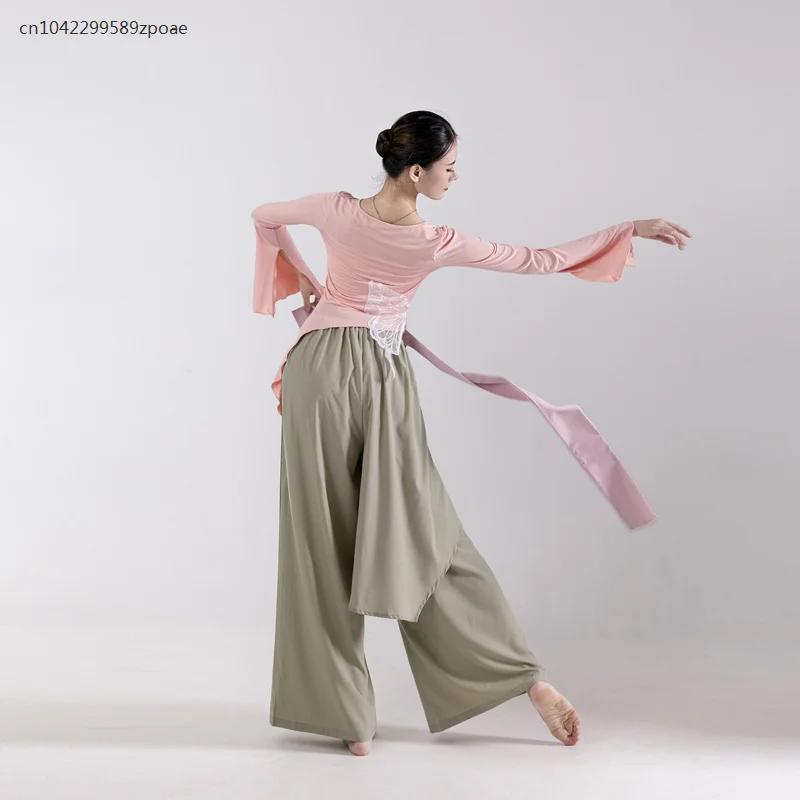 Ropa de práctica de baile moderno, Tops de manga larga, ropa de entrenamiento Corporal, Danza Clásica, pantalones sueltos de pierna ancha para mujer