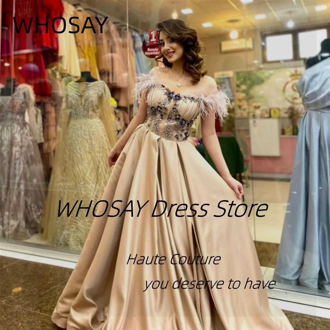 

WHOSAY Robe De Soiree Handmade Beaded Feathers Off Shoulder Prom Dresses Long Ruched A Line Wedding Party Women Evening Gowns