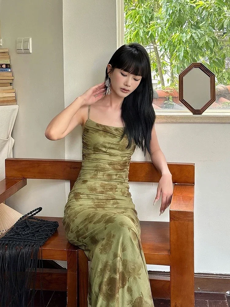 Retro พิมพ์ Camis ชุดผู้หญิงฤดูร้อนเซ็กซี่ Slim สปาเก็ตตี้สายรัดชุดพรรคเกาหลี Chic Elegant Beach Vestidos ใหม่