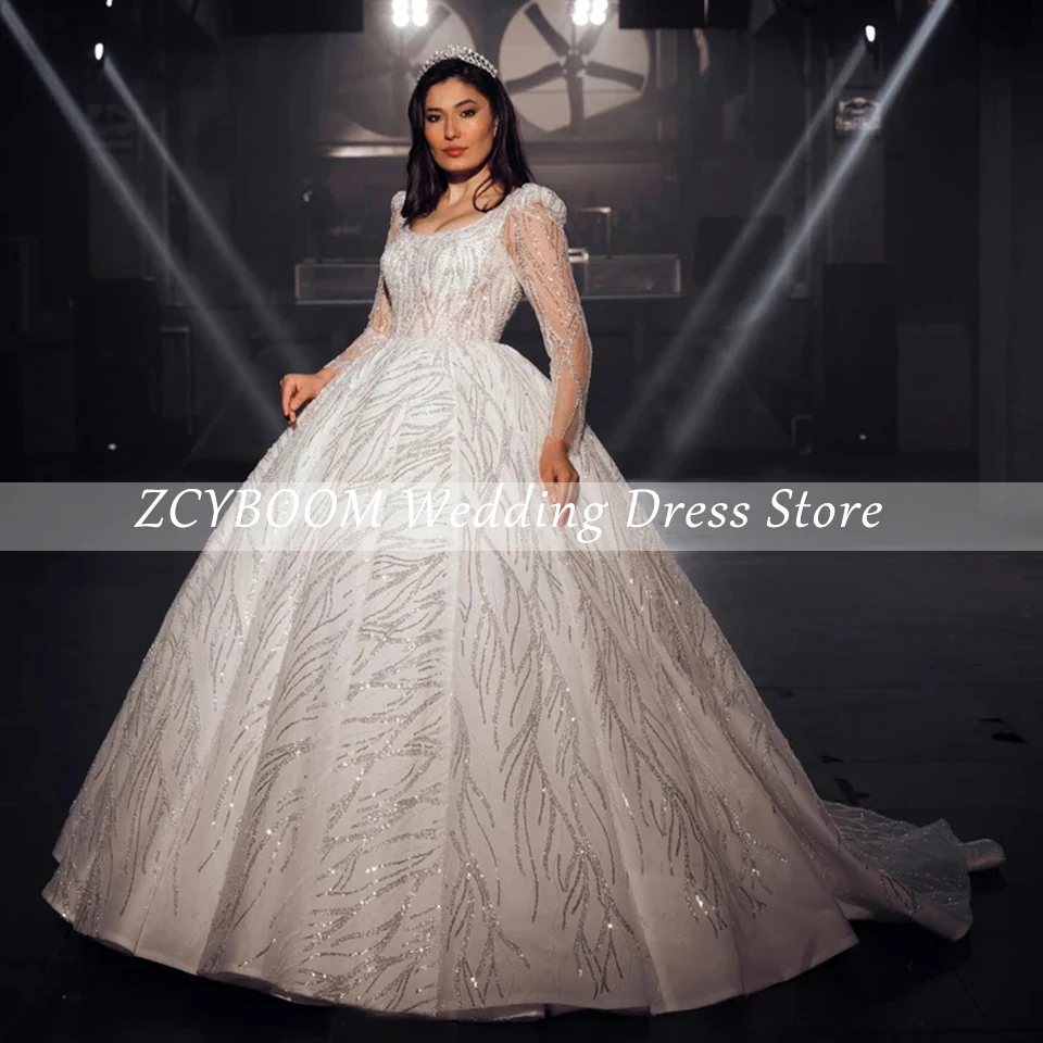 Luxury Square Neck Sequin Long Sleeves White Wedding Dress 2024 Ball Gown Floor Length Sweep Train Lace Up For Women Bridal Gown