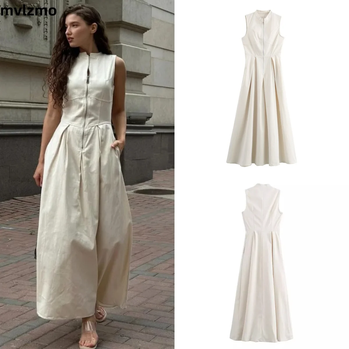 

Elegant Solid Sleeveless Zipper Dress For Women Fashion Commuting Pleated O Neck Dresses New Chic Casual Lady High Street Robes