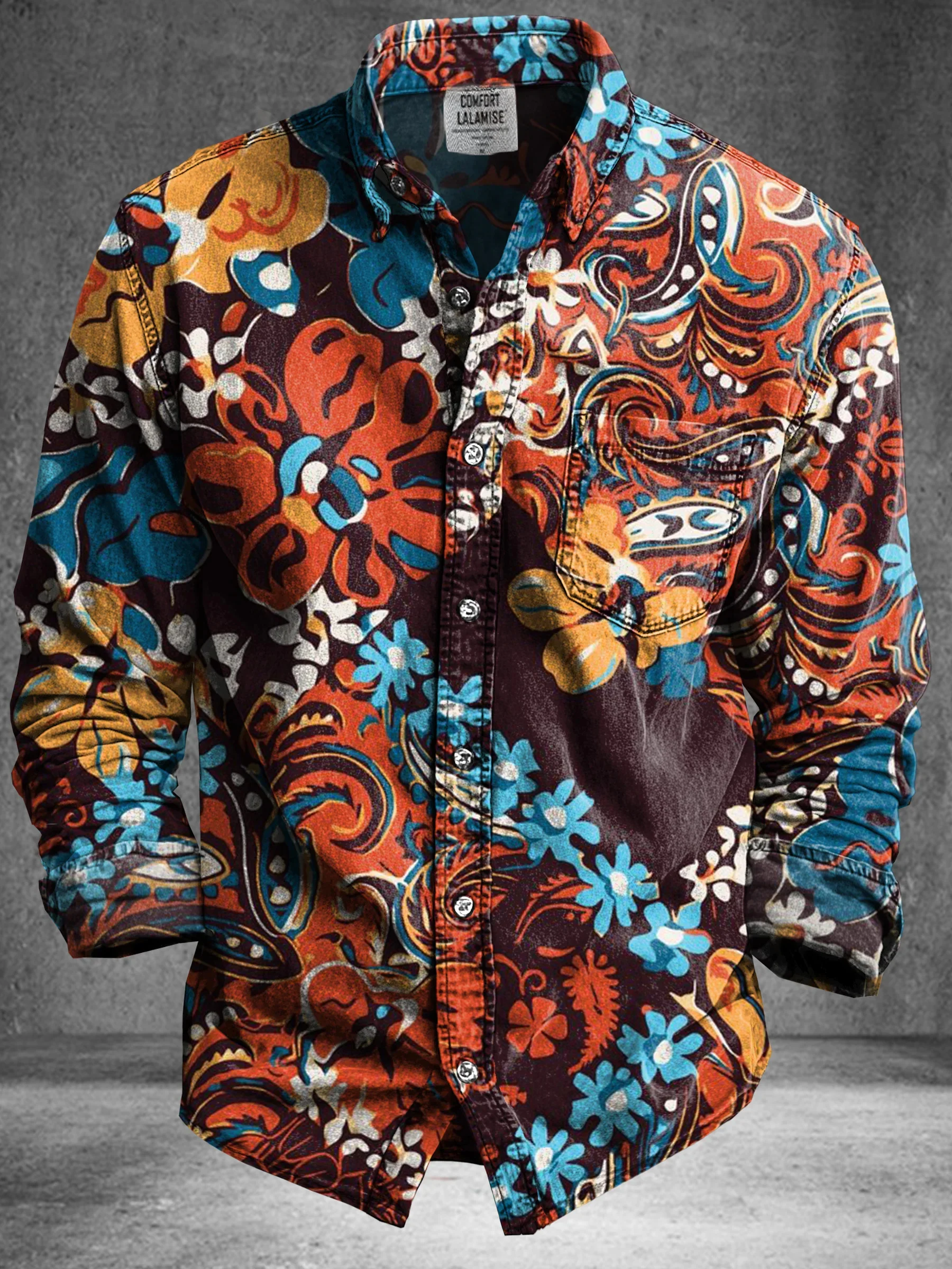 Men's Vintage Abstract Floral Totem Art 3D Printed Long Sleeve Button down Casual Shirt Ethnic Lapel Spring Fashion