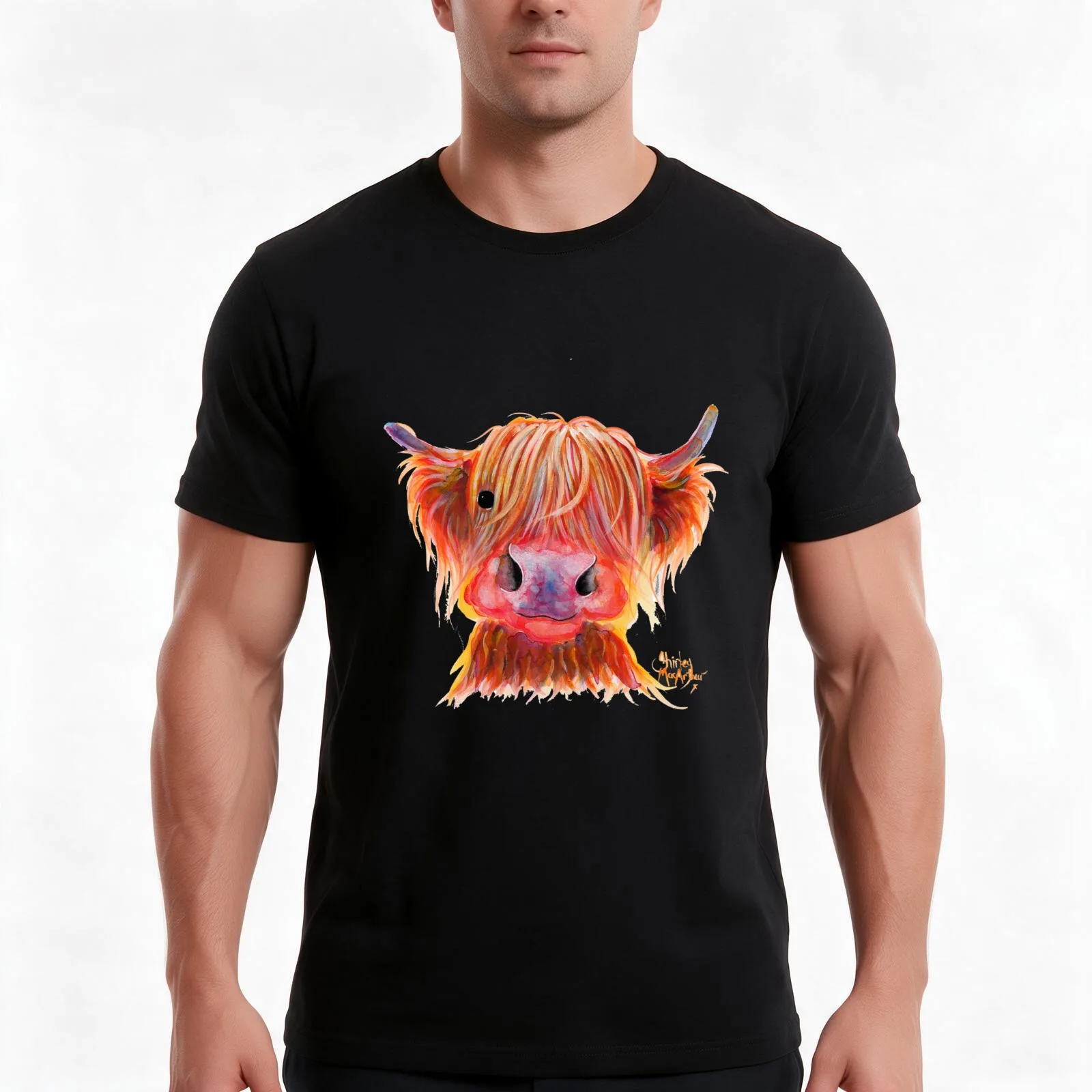 Scottish Highland Hairy Cow ' CHILLI CHOPS ' by Shirley MacArthur T-Shirt, Summer Casual Cotton Tee, Oversized Streetwear Tops