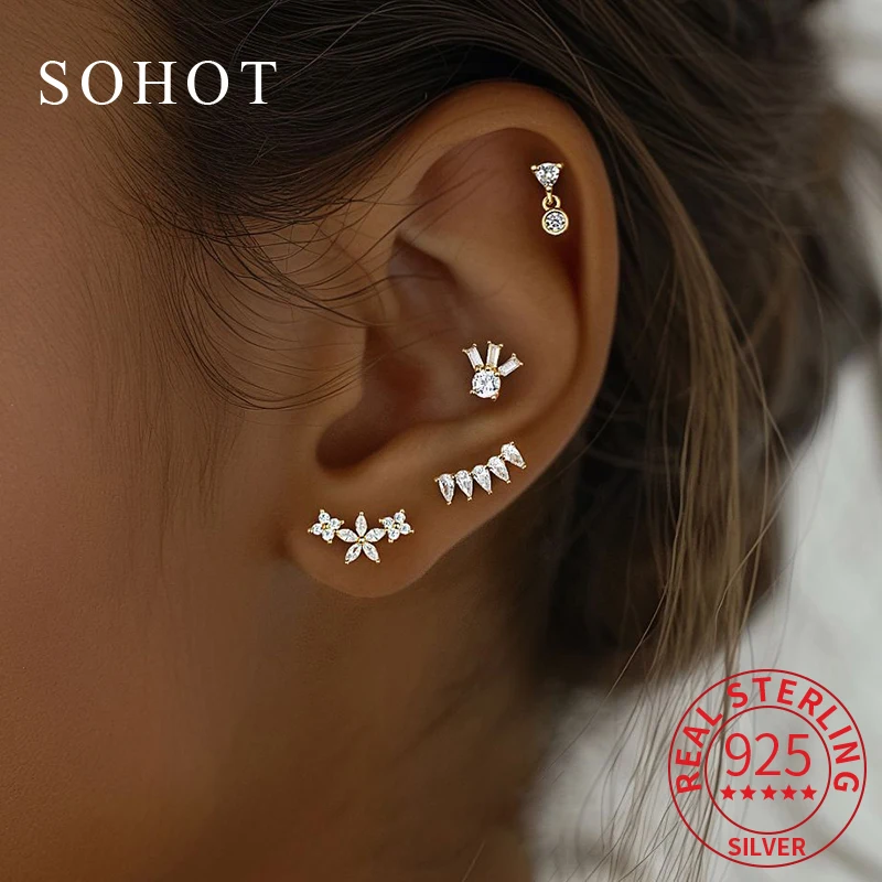 

1 Pcs Real 925 Sterling Silver Geometric Minimalist Zircon Tiny Stud Earrings for Women Fine Jewelry Light Luxury Accessories
