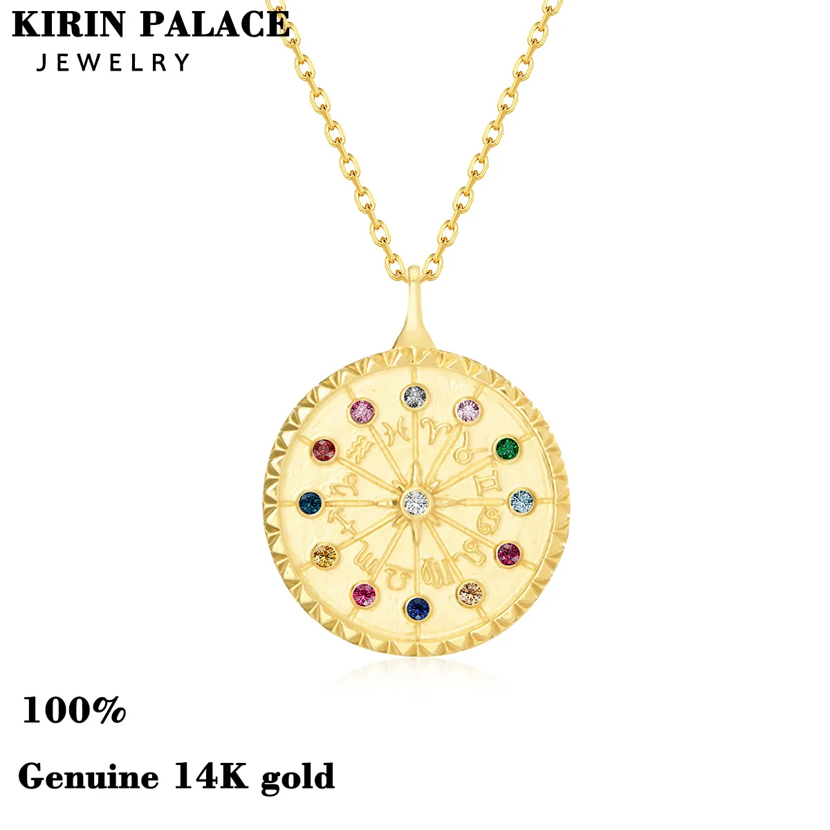 

Hollow 14 K Gold Necklace Pendant Lucky 12 Zodiac Signs Month Roulette Birthstone Shell Woman Birthday Gift Fine Jewelry