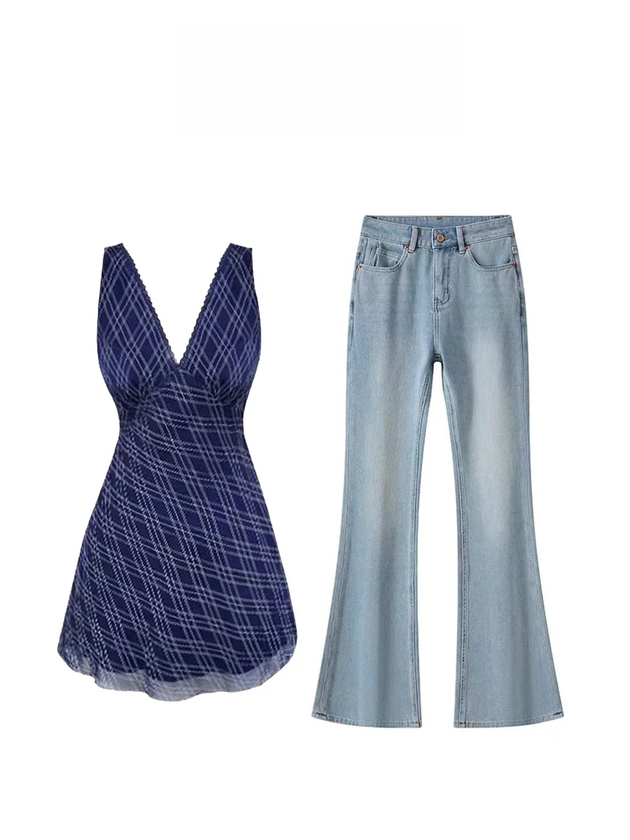 

Parkyeon Summer Korean Style Age-Defying Plaid V-Neck Dress High Waist Casual Personality Denim Pants Two-Piece Set Women's F...