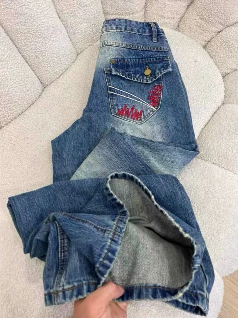 

Retro American Heavy Du Waed Wide Leg Jeans High Waist Drape Slimming Straight Cut Casual Blue Denim for Men And Women