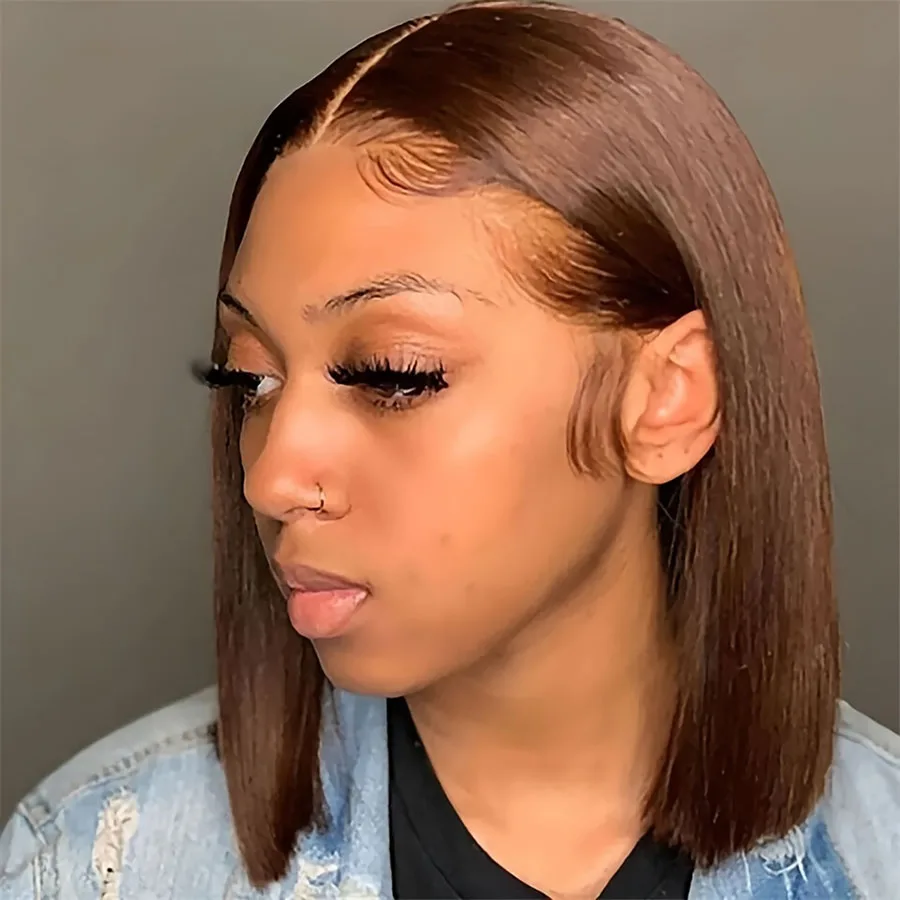 

200 Density Chocolate Brown Short Bob Wigs Remy Human Hair Bone Straight 13x4 Lace Frontal Wig Brown Human Hair Wigs for Women