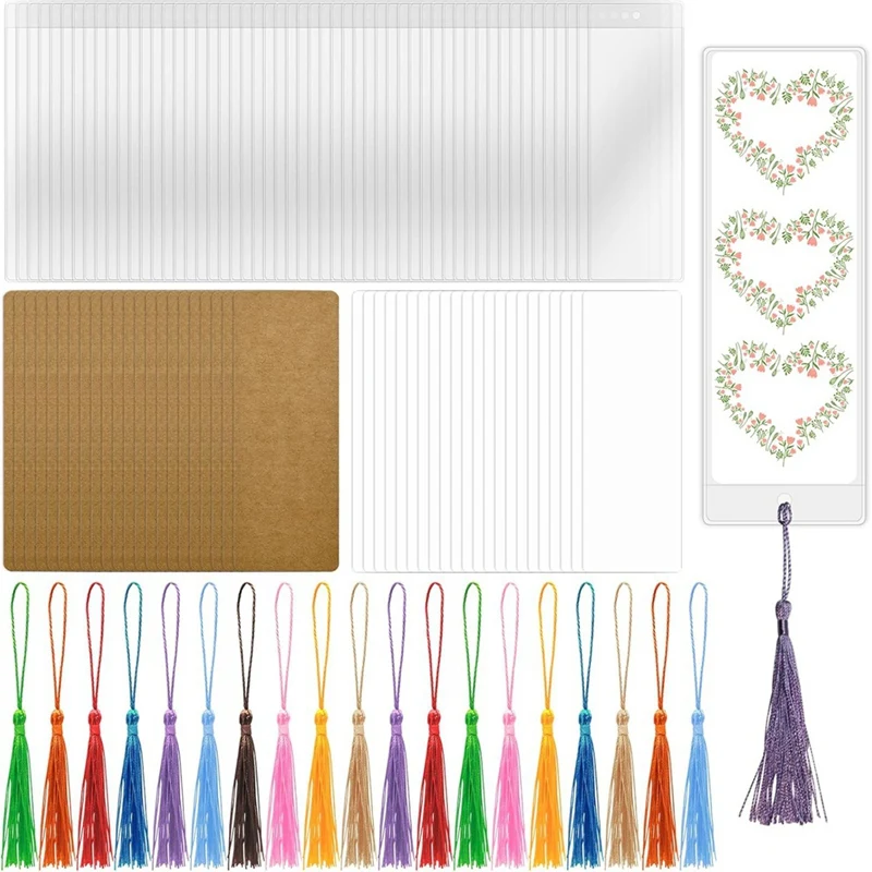 

A10G-50 Sets Blank Bookmark Making Kit, 50 Paper Bookmark Blanks, 50 Colorful Bookmark Tassels, 50 Clear Bookmark Sleeves