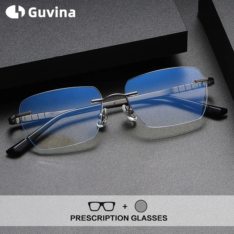 

Titanium Rimless Reading Glasses Men Square Anti Blue Light Photochromic Frameless Glasses Frame Prescription Multifocal Eyewear