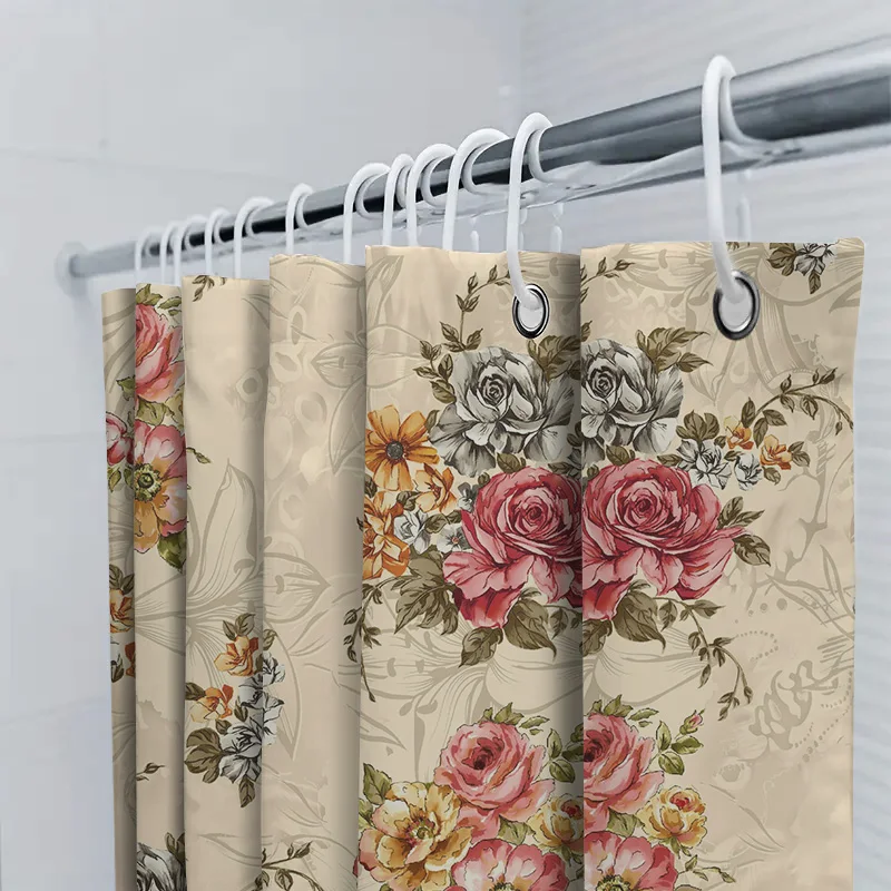 Eleganter Duschvorhang mit Vintage-Blumendruck, hochwertiger wasserdichter Stoff für Badezimmerdekoration, moderne Heimdekoration in Weiß, Rosa