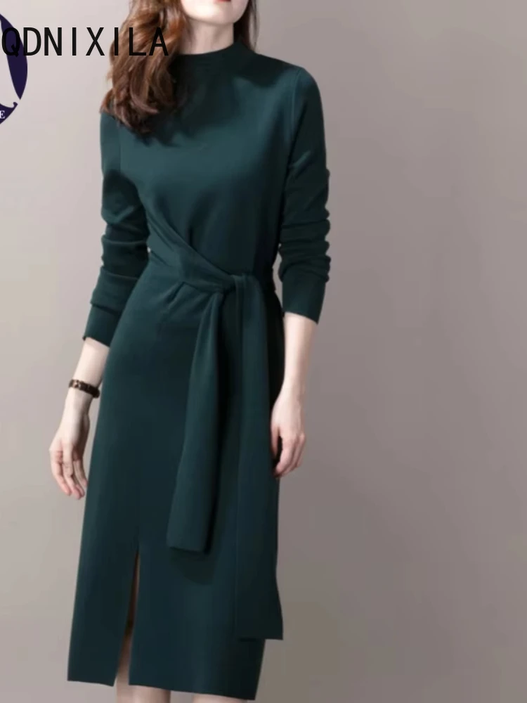 Dress Women spring New Elegant Half High Neck Knitte Lace Up Sweater Dresses Korean Fashion Slim Fit Women's Bottom Dress 2025