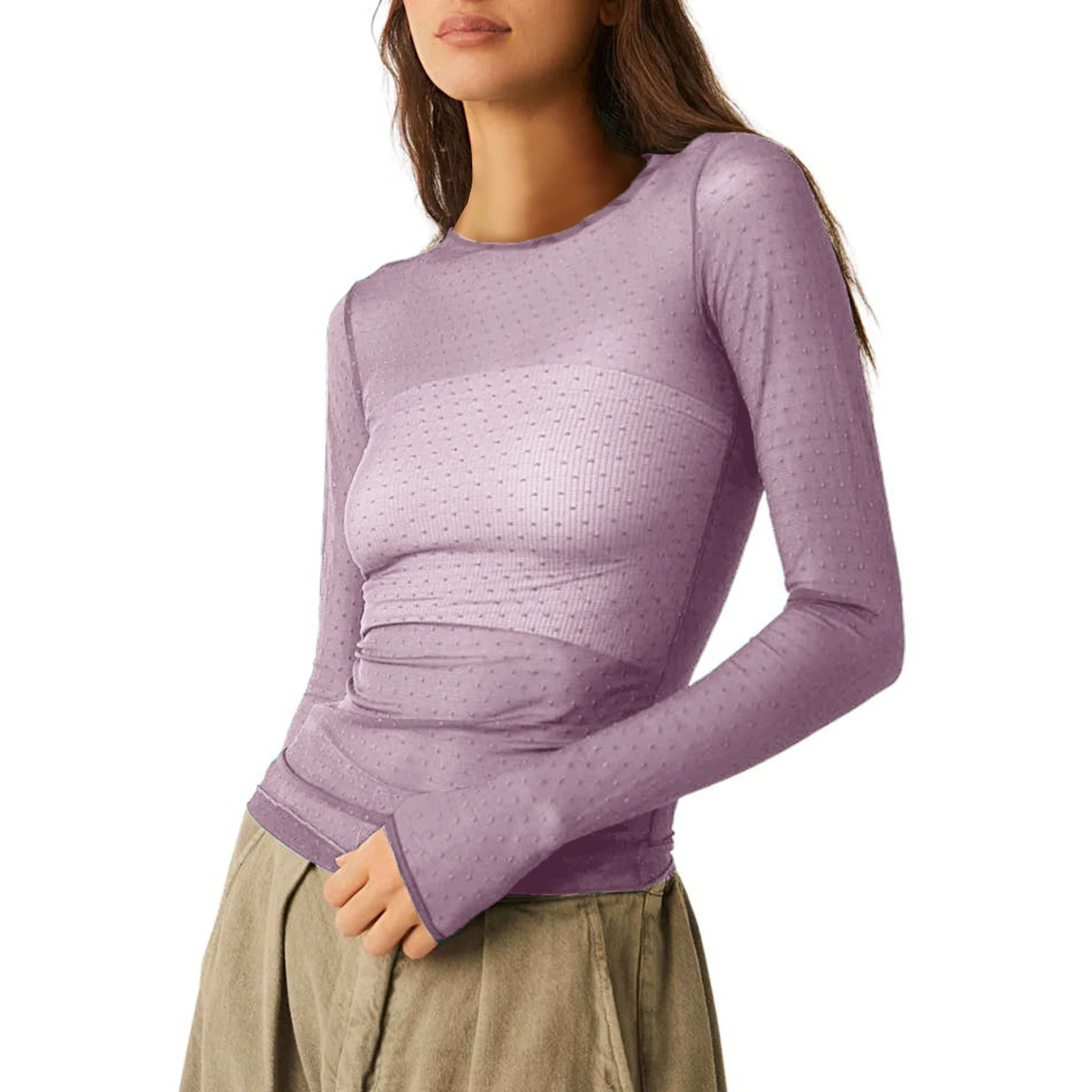 المرأة طويلة الأكمام تي شيرت عادية طاقم الرقبة النقاط شفافة سليم صالح شير القمم الطفل تيز Y2k نادي الشارع الشهير #4