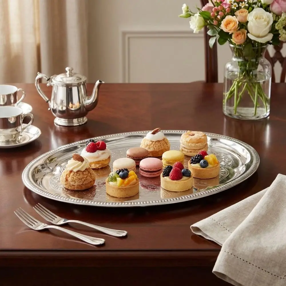 Retro Embossed Cake Tray Stainless Steel Large Size Jewelry Storage Plate Oval Photo Props Serving Tray Home Decoration