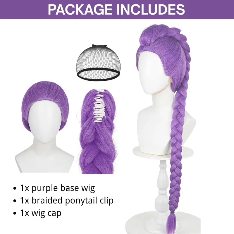 Parrucca lunga treccia viola per donna Parrucca base viola con trecce Clip coda di cavallo + cappuccio per cosplay di costumi di Halloween per feste di scena