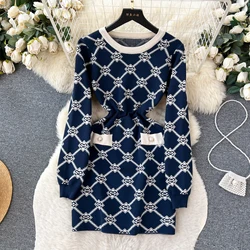 Korean Fashion Geometric Jacquard Mini Bodycon Dresses Women's O-neck Long Sleeve Buttons Deco Slim Short Knitwear Vestidos