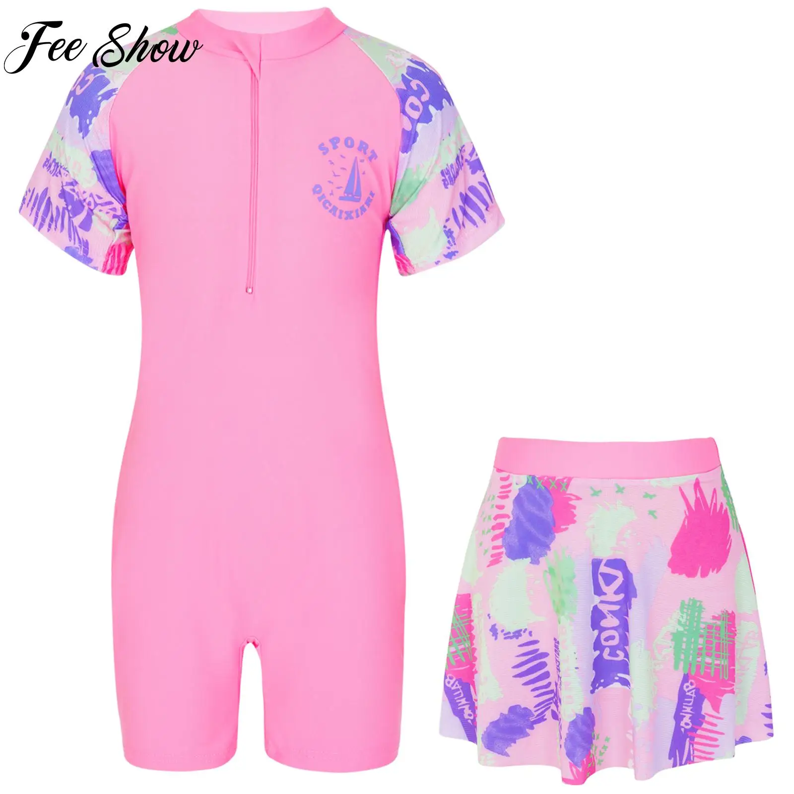 

Kids Girls Front Zipper Closure Cartoon Graffiti Print Patchwork Short Swimming Jumpsuit with Skirt Beach Bathing Swimwear