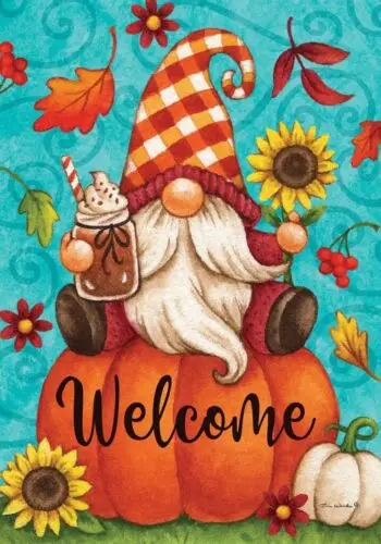 Welcome Pumpkin Gnome, Fall Leaves Garden Flag, 12