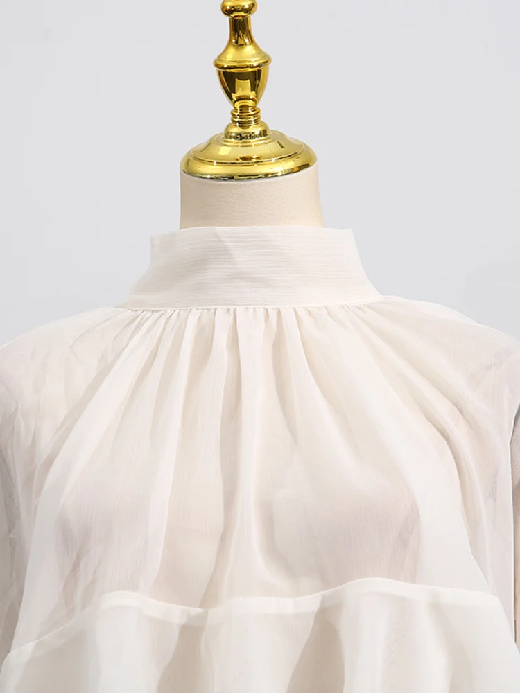 بلوزات نسائية ذات طبقات مكشكشة شفافة ورقبة عالية وأكمام واسعة بلون سادة وأربطة قمصان حفلات أنيقة #6