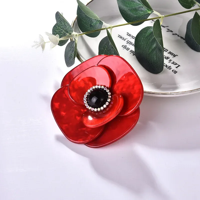 Blucome Acrylic Red Flower Brooches Corsage Crystal Black Bead Brooch Hijab Pins Gold Color Collar Clip Women Men