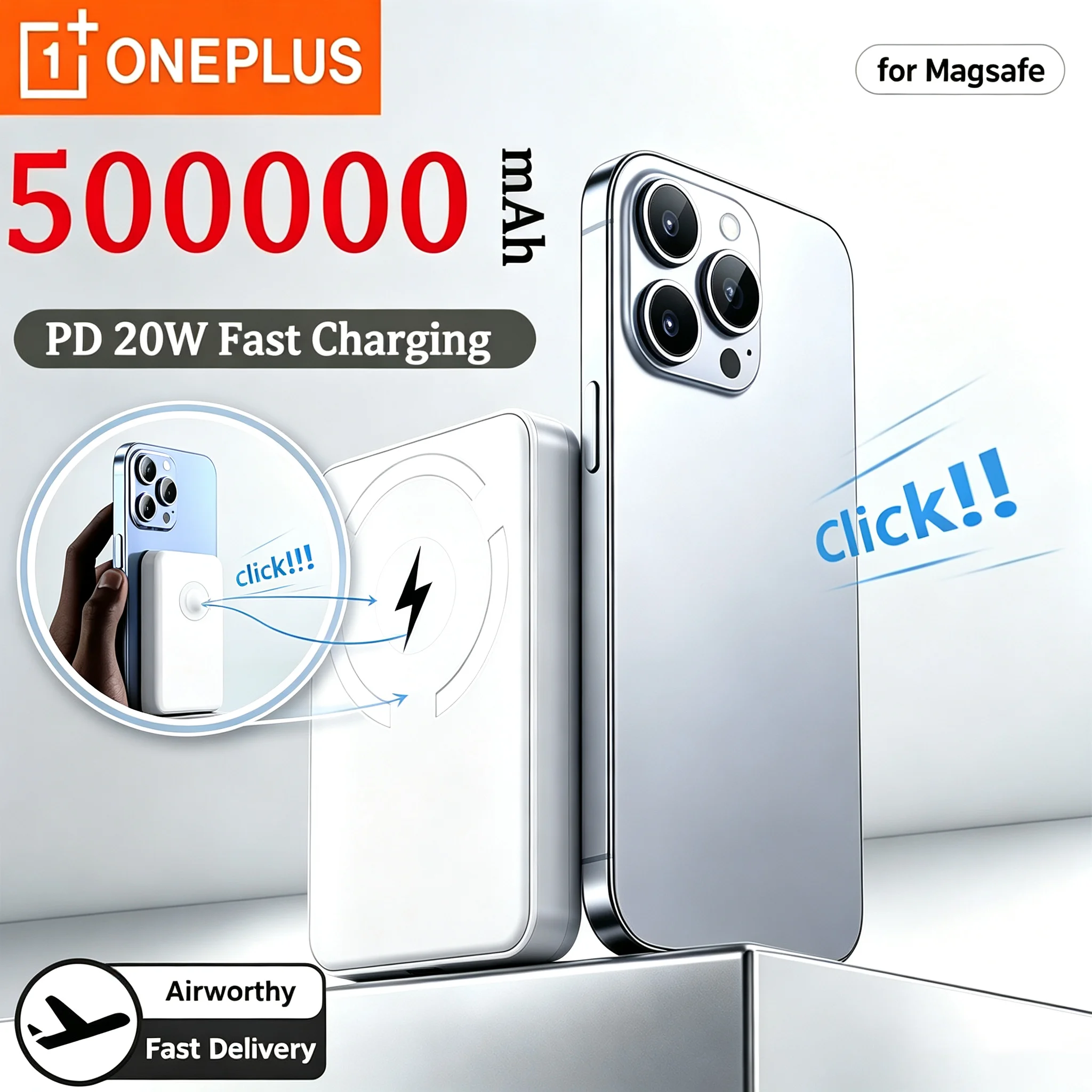 OnePlus 500000mAh Magnetic Wireless Power Bank Fast Charging Charger for Magsafe External Spare Battery For iPhone All Android